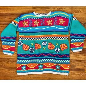 Vintage Talbots Sweater Women's Small Multicolor Hand Knit Seashell Starfish 90s